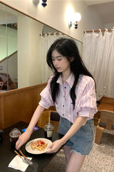 Short Sleeve Vertical Striped Blouse Shirts